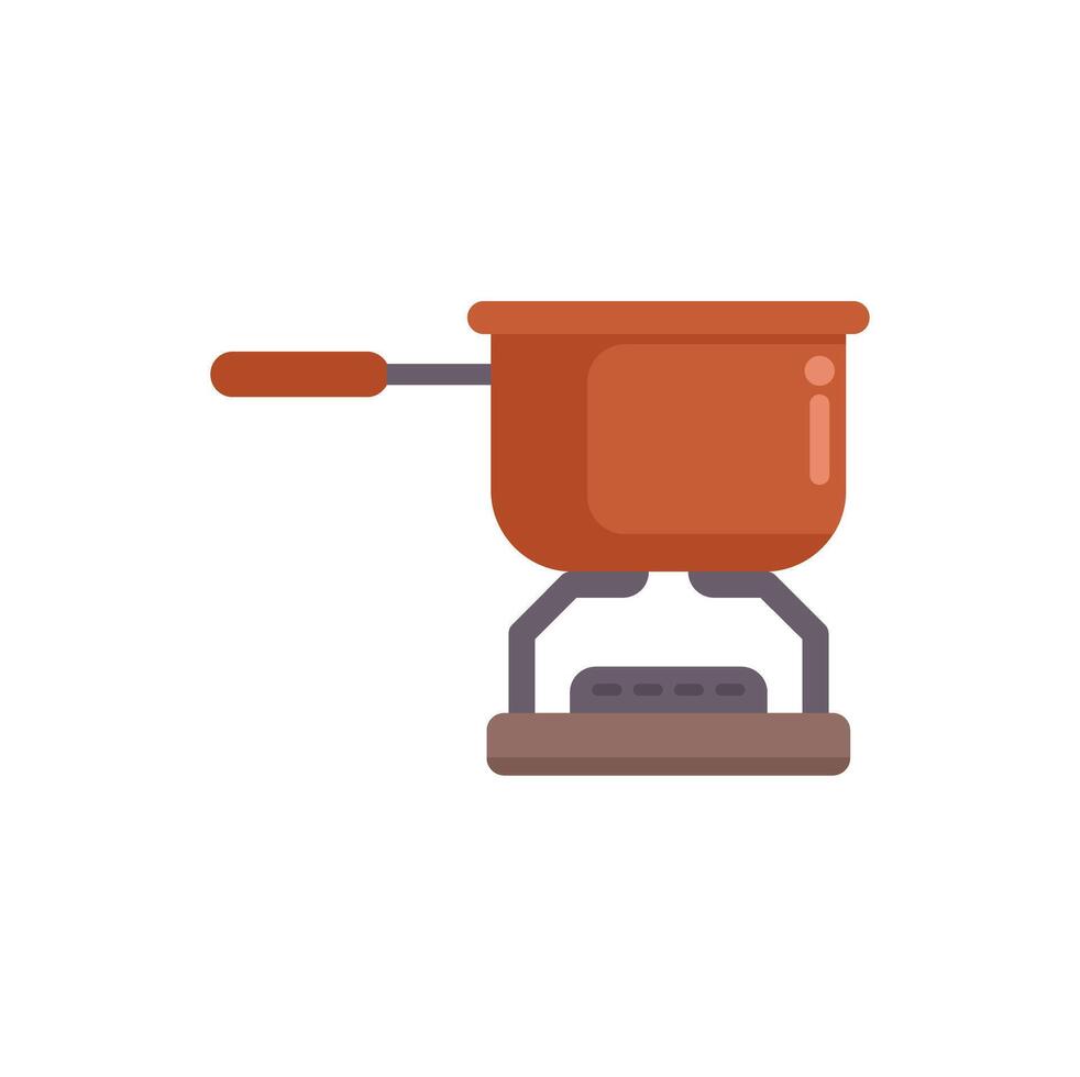 Copper pot sitting on a burning camping stove for cooking food vector