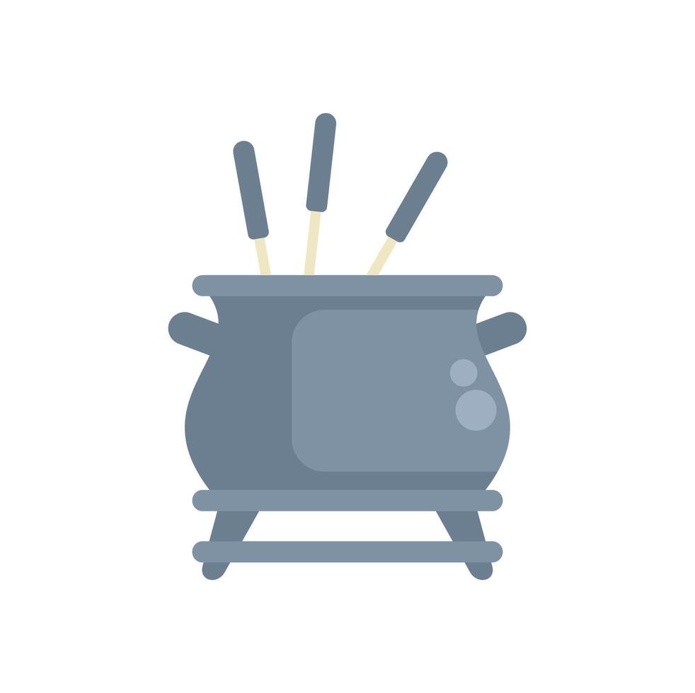 Cauldron pot cooking food on firewood stove using skewers for traditional meal preparation vector