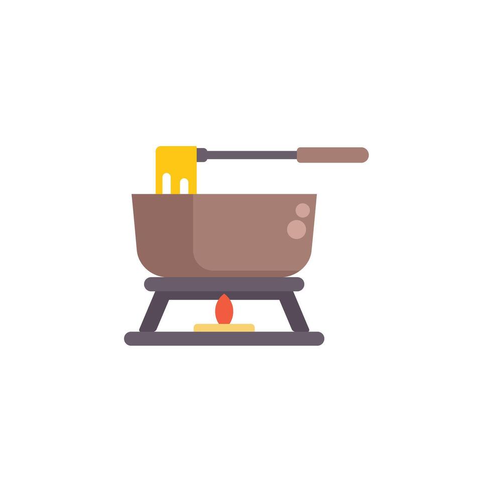 Cheese fondue pot melting over burning portable stove vector