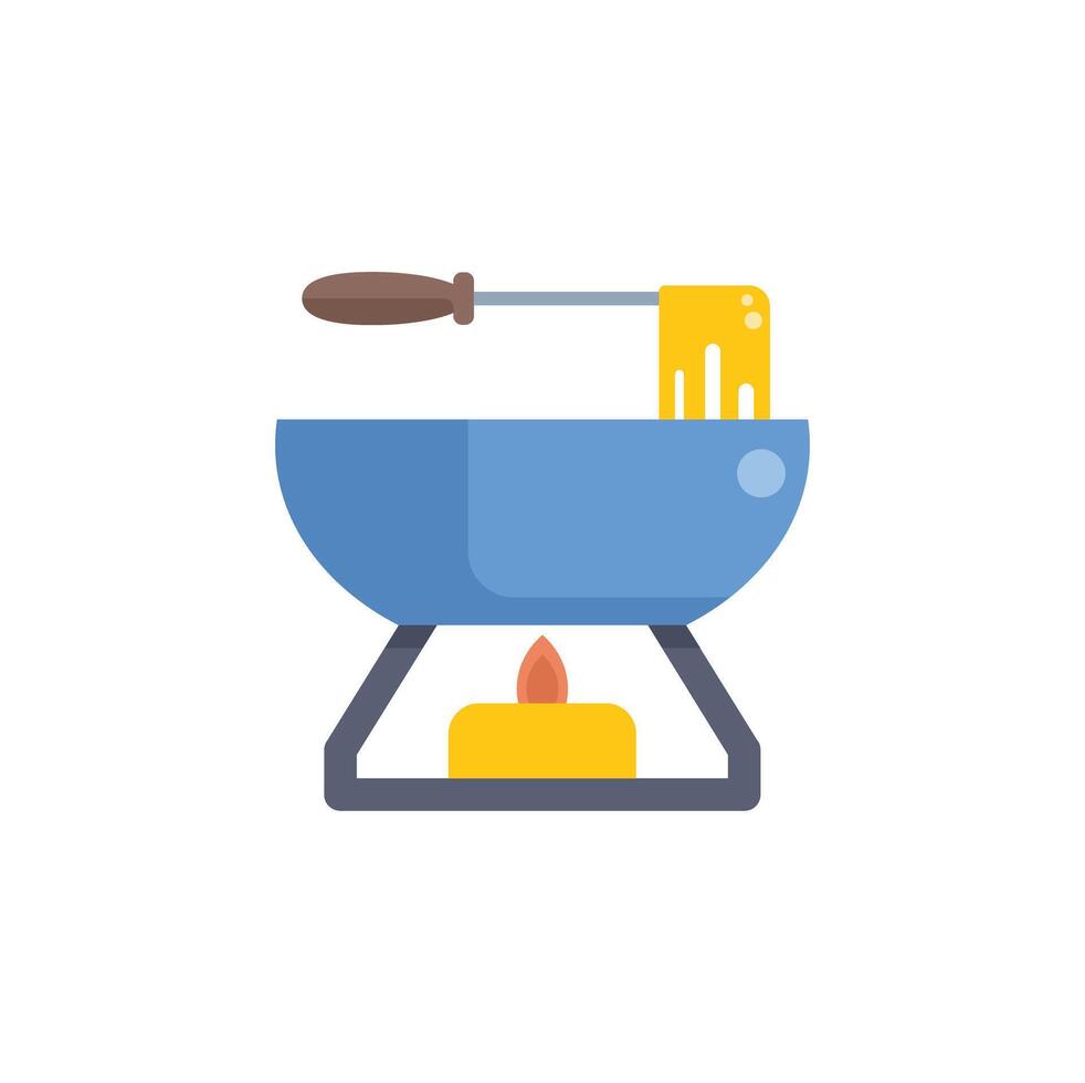 Fork dipping cheese fondue in caquelon over burning candle vector
