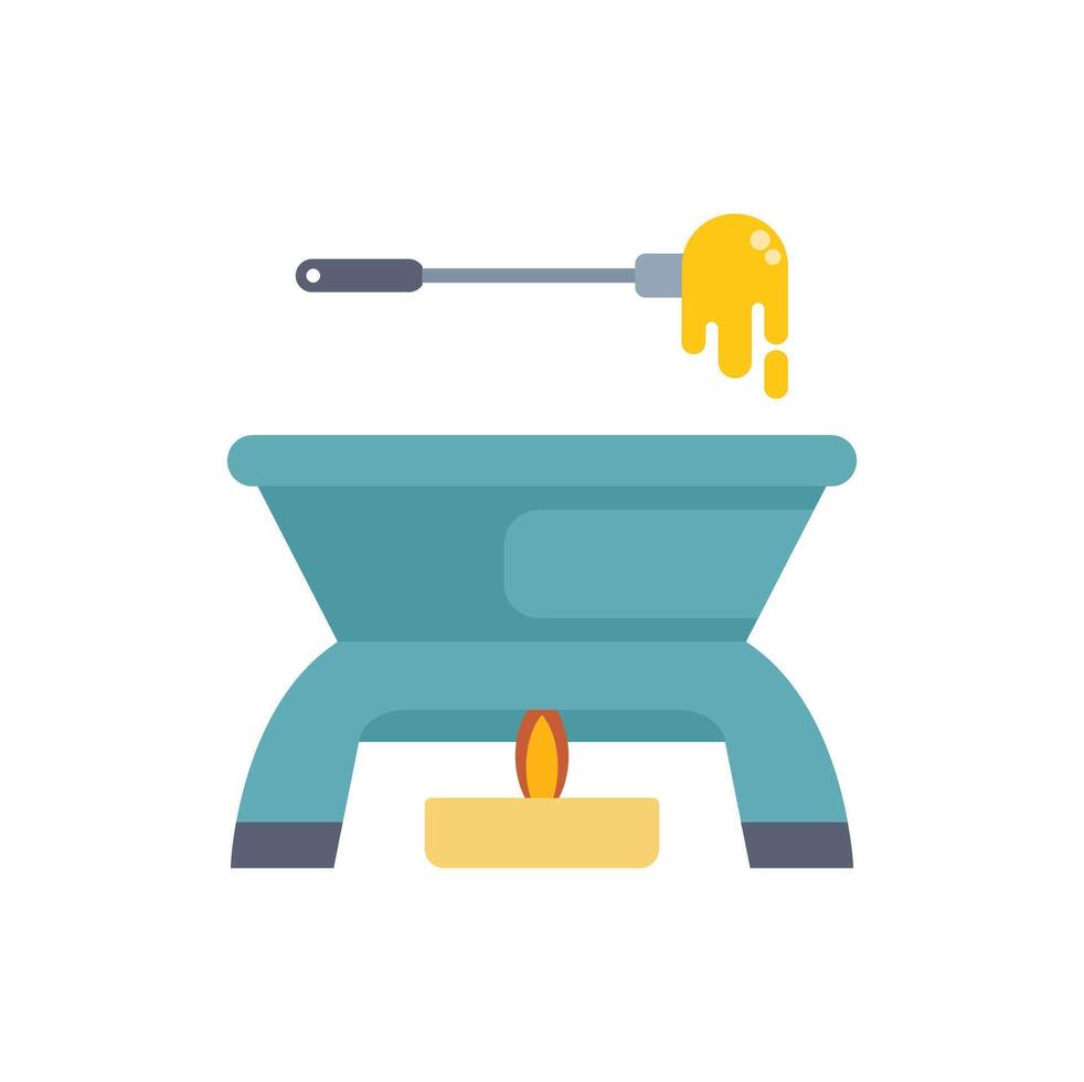 Fondue pot dripping melted cheese on burning candle flat design icon vector