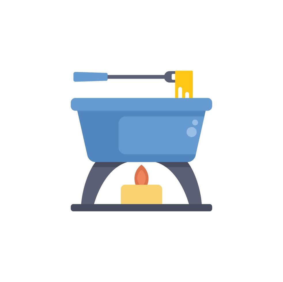 Blue fondue pot warming cheese with candle on white background vector