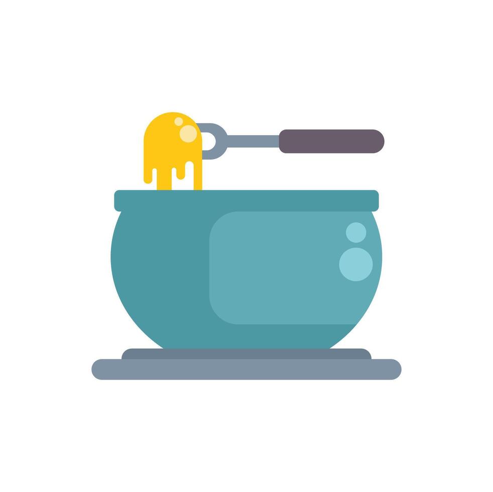 Fork dipping melted cheese from a ceramic pot, cheese fondue party illustration vector