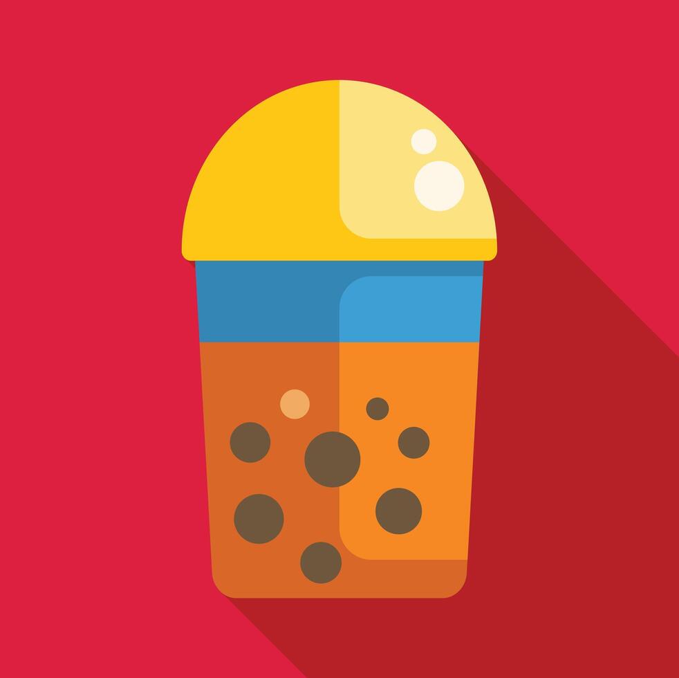 Bubble tea showing boba pearls and yellow lid on red background vector