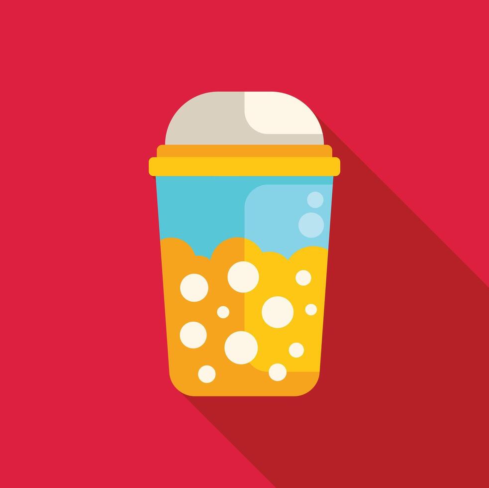 Plastic cup with effervescent drink and foam on red background vector