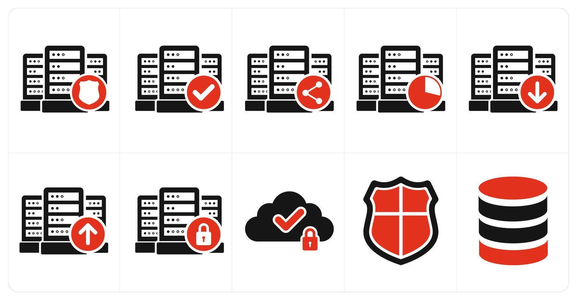 A set of 10 big data icons as server security, verified server, share drive data vector