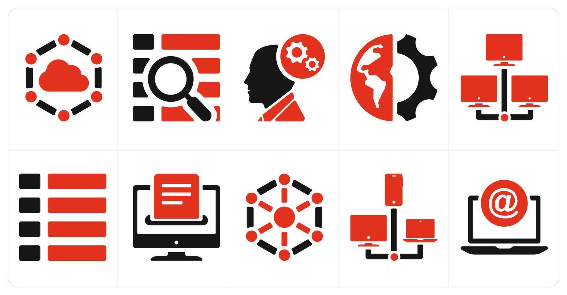 A set of 10 mix icons as cloud connection, search menu, optimization vector