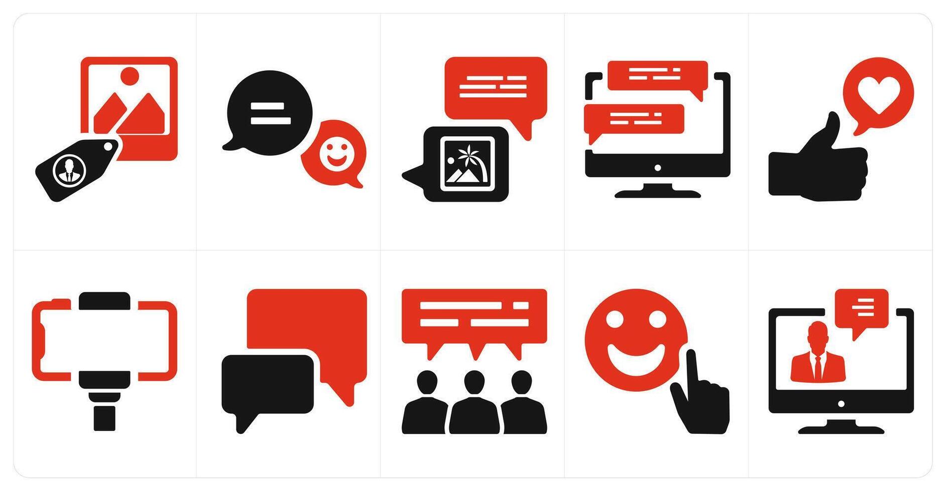 A set of 10 social icons as tag photo, smiley feedback, photo comment vector