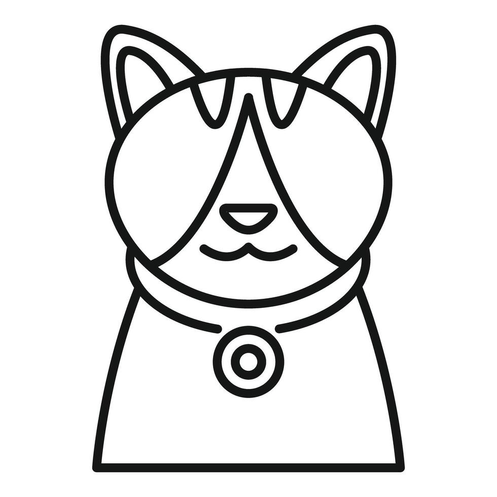 Cute cat wearing a collar with a round medallion, line art drawing vector