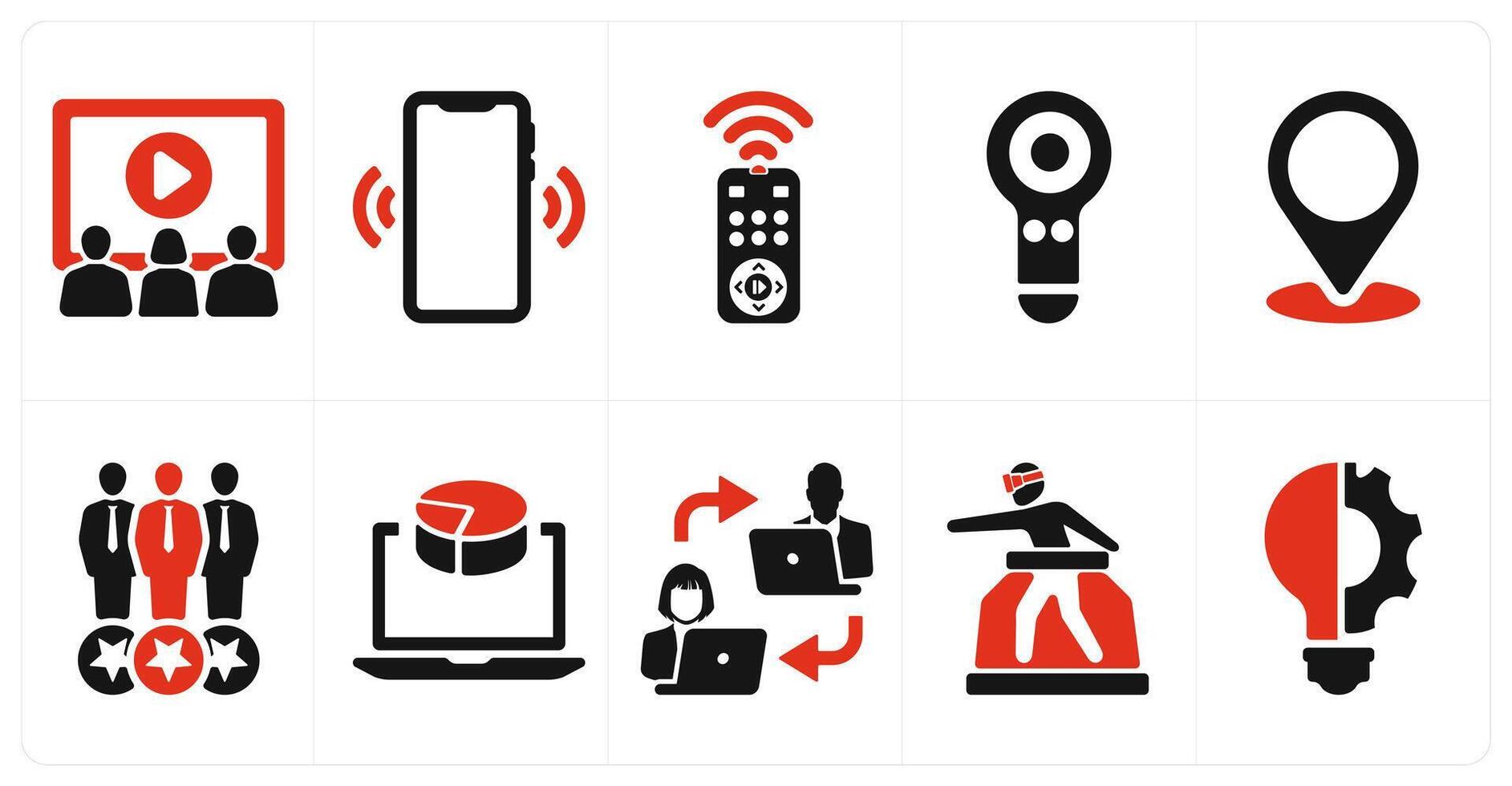 A set of 10 Virtual Reality icons as cinema room, sensor, remote access vector