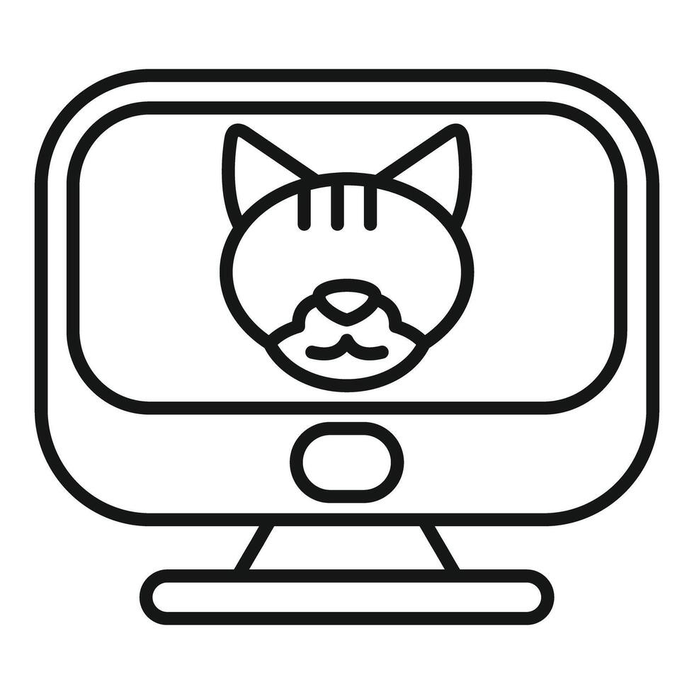 Cat face showing on desktop computer screen, online veterinary consultation vector