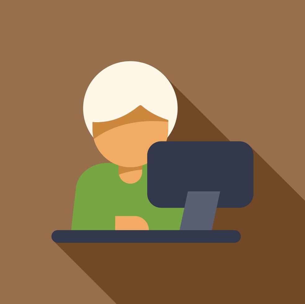 Office worker using desktop computer at desk, flat design illustration vector