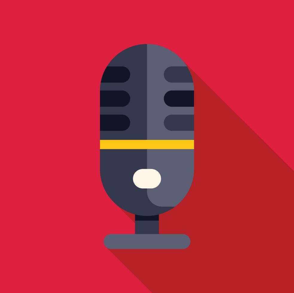Studio microphone broadcasting audio content with long shadow on red background vector