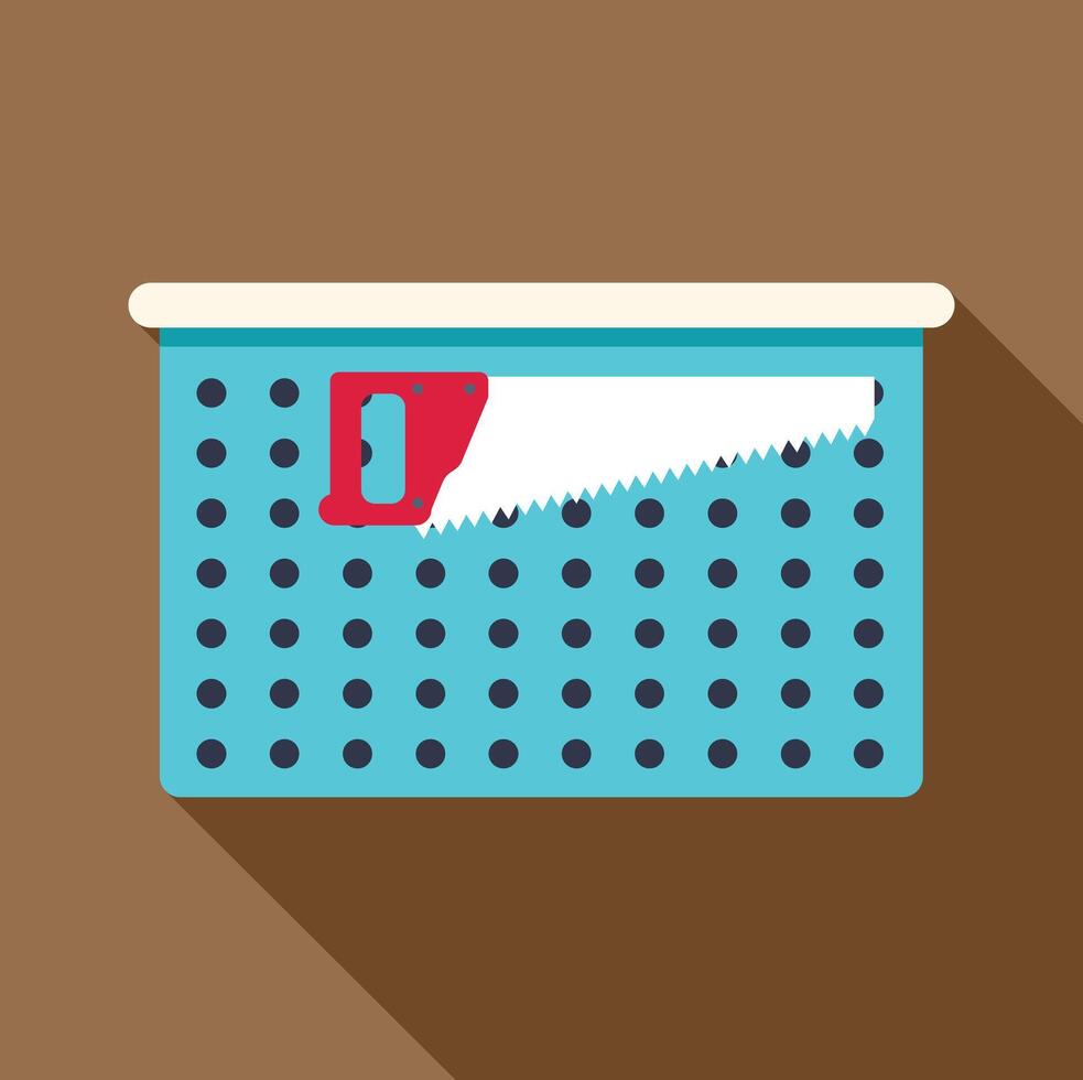 Hand saw resting on blue plastic basket with holes and long shadow vector