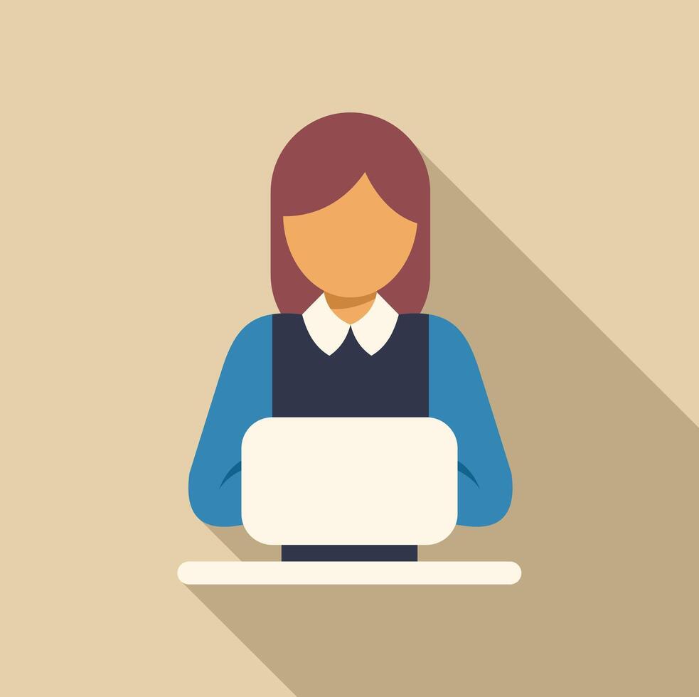 Office worker using laptop computer at desk, flat design with long shadow vector