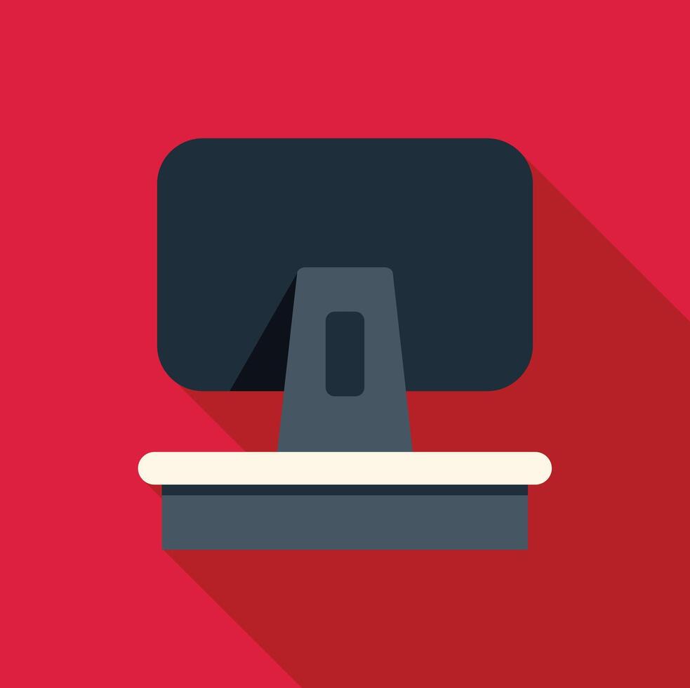 Back view of computer monitor displaying presenting empty screen on stand on vibrant red background vector