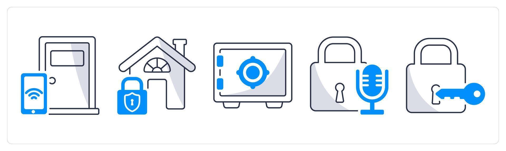 A set of 5 security icons as smart lock, home protection, crypto vault vector