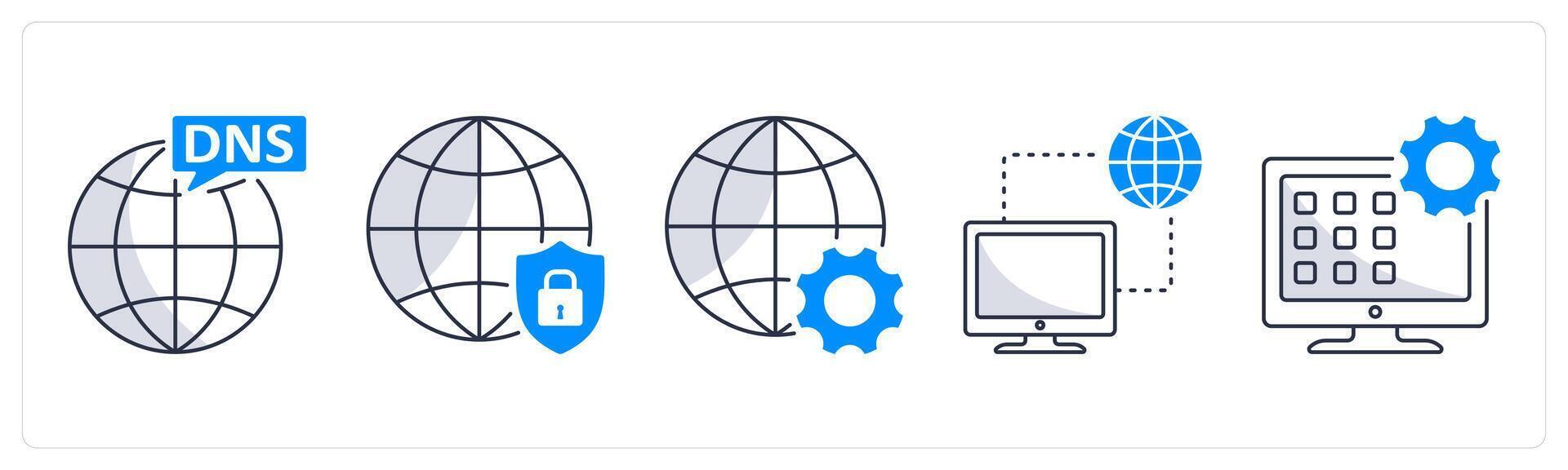 un conjunto de 5 5 web diseño íconos como DNS, red proteccion, desarrollo vector