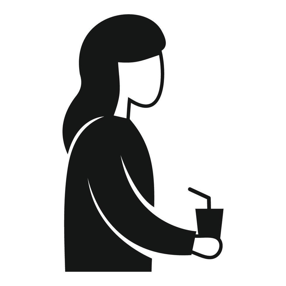 Woman holding soda cup with straw, side view silhouette vector