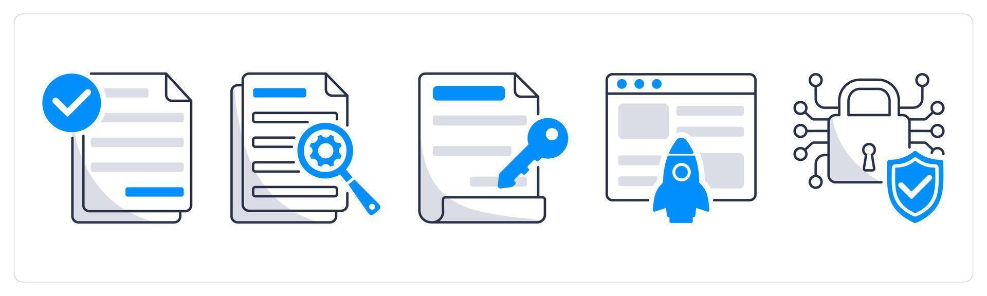 A set of 5 blockchain icons as smart contract, data, digital key vector