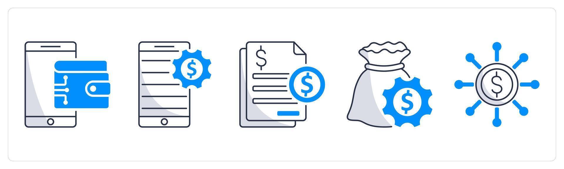 A set of 5 blockchain icons as digital wallet, fintech, tax vector