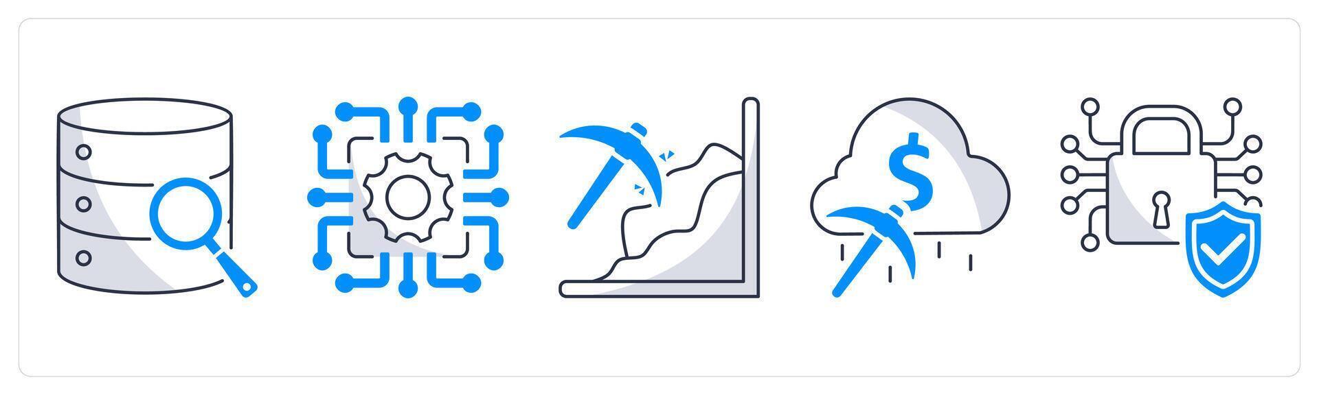 A set of 5 blockchain icons as big data analytics, technology, mining vector