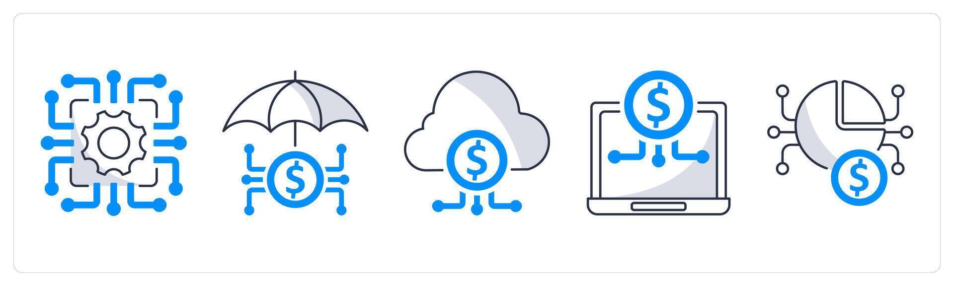 A set of 5 blockchain icons as technology, insuretech, fintech industry vector