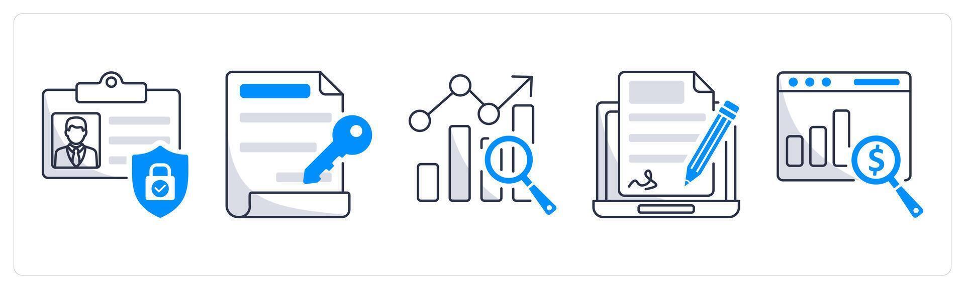 A set of 5 blockchain icons as id protection, digital key, benchmark vector