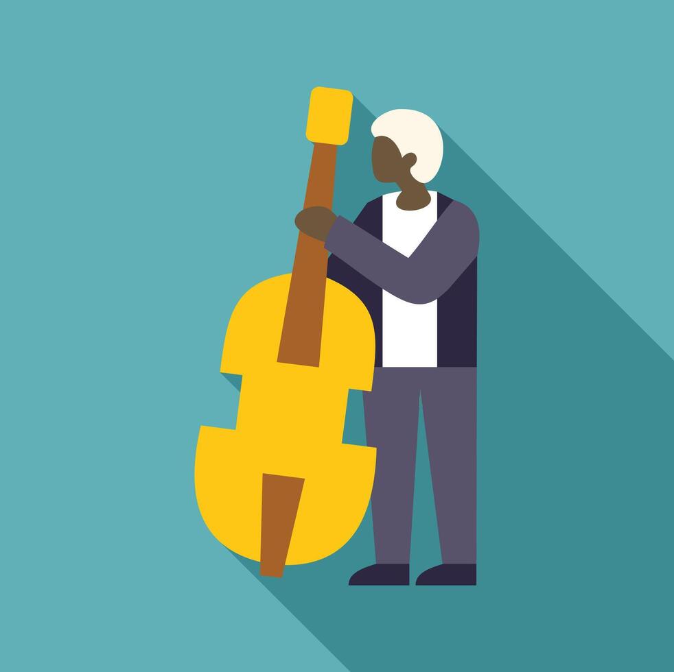 Musician holding a double bass with long shadow and turquoise background vector