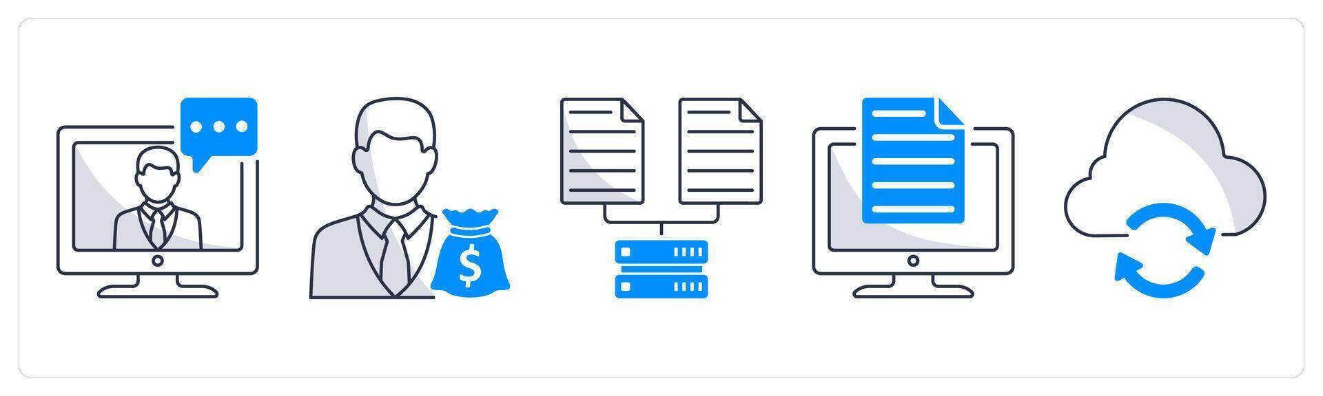 A set of 5 business icons as online conference, business investor, data collection vector