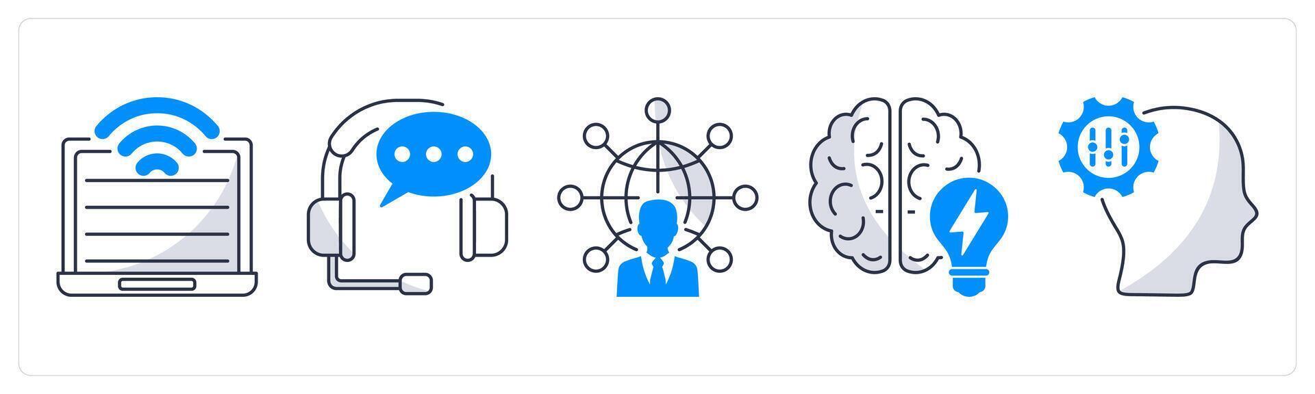 A set of 5 business icons as computer technology, support center, communication and network vector