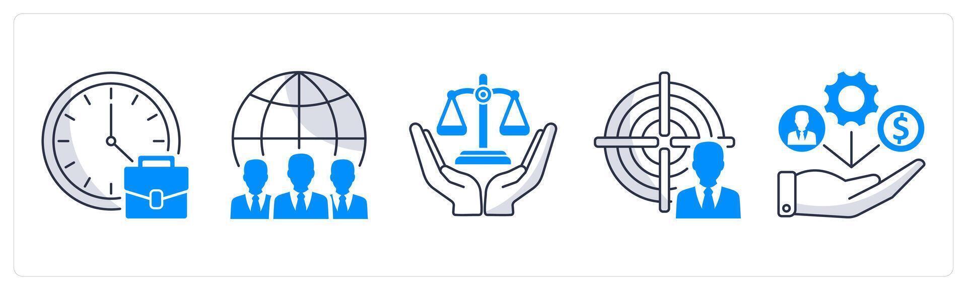 A set of 5 business icons as office hours, international team, business ethics vector