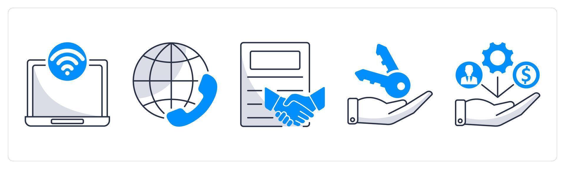 A set of 5 business icons as internet access, international conference call, partnership vector