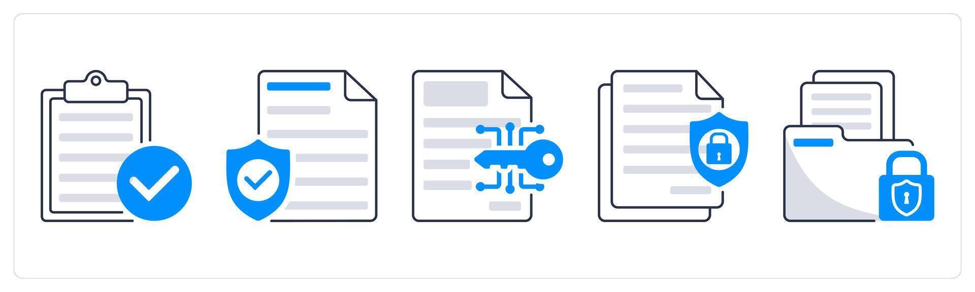 A set of 5 security icons as firewall, file security, data encryption vector
