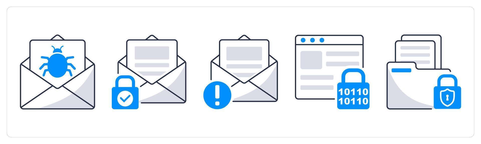 A set of 5 security icons as email virus, mail protection, spam vector