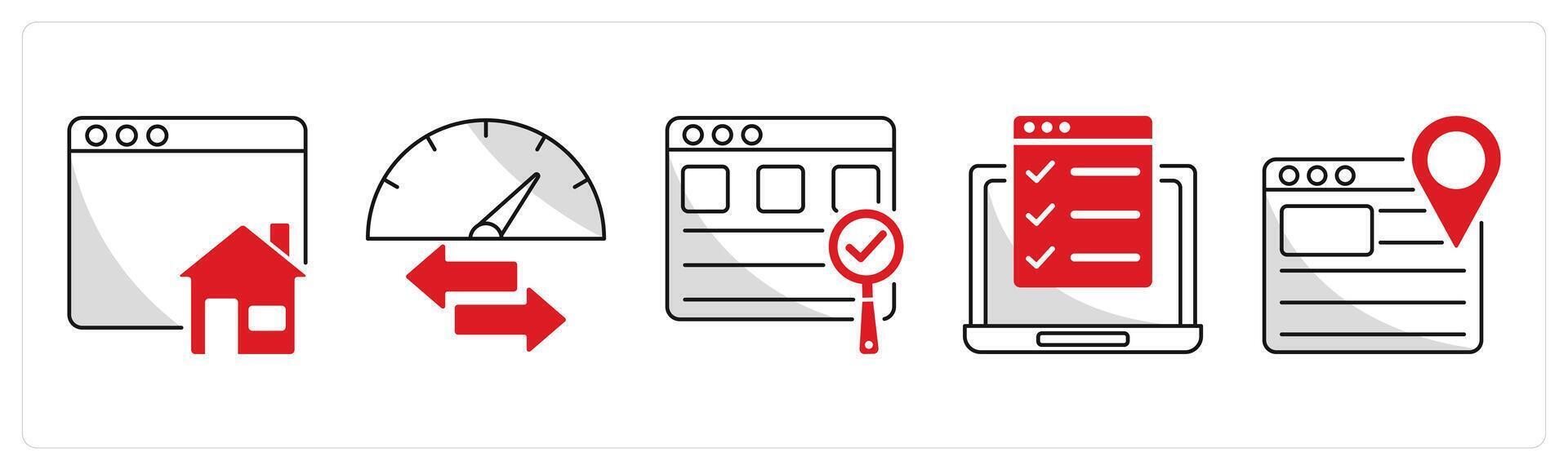 A set of 5 web design icons as home page, speed bandwidth, usability control vector