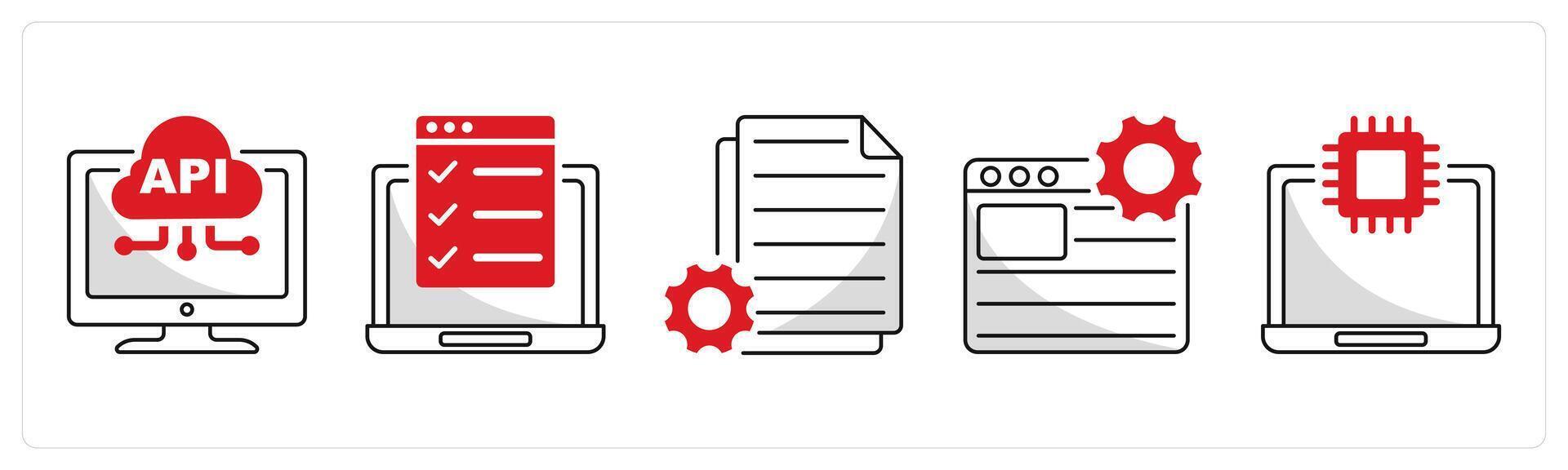 un conjunto de 5 5 web diseño íconos como api interfaz, pruebas características, contenido administrar vector