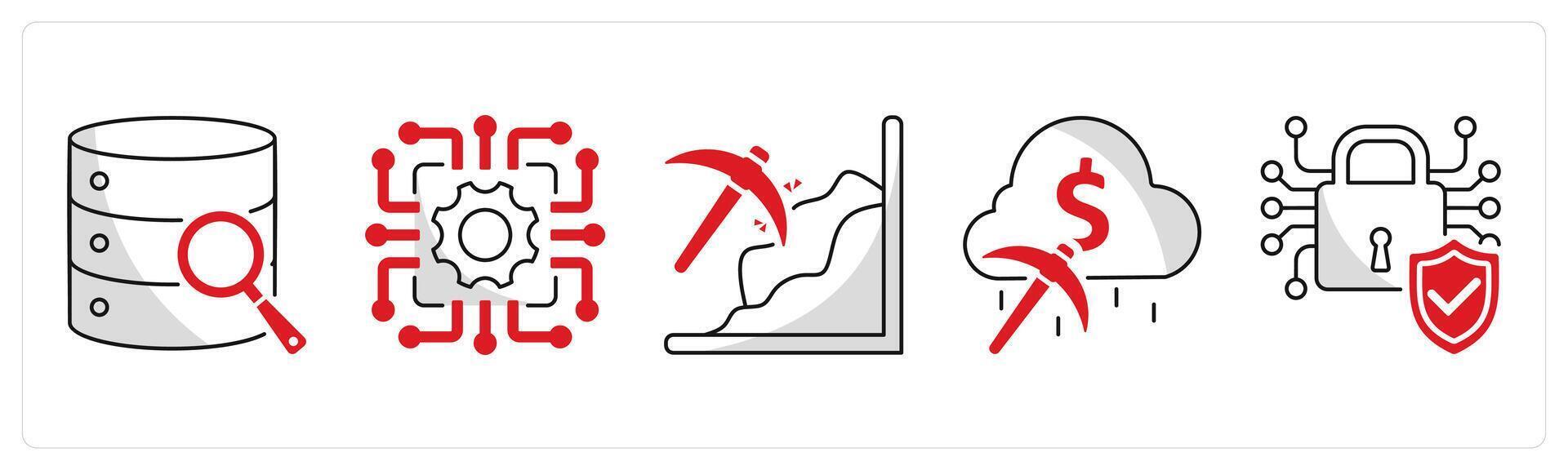 A set of 5 blockchain icons as big data analytics, technology, mining vector
