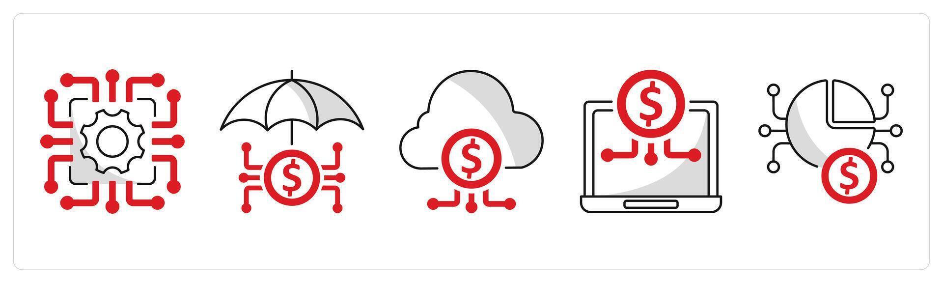 A set of 5 blockchain icons as technology, insuretech, fintech industry vector