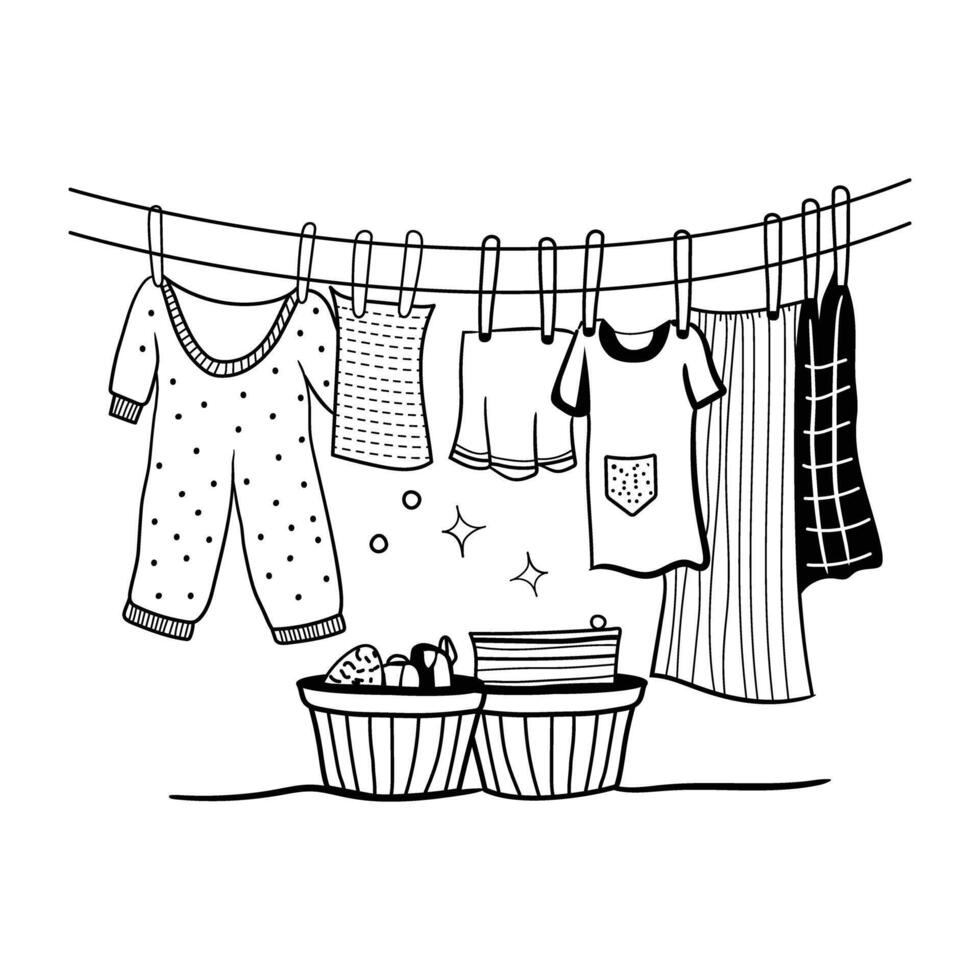 A drawing of clothes hanging on a clothesline vector