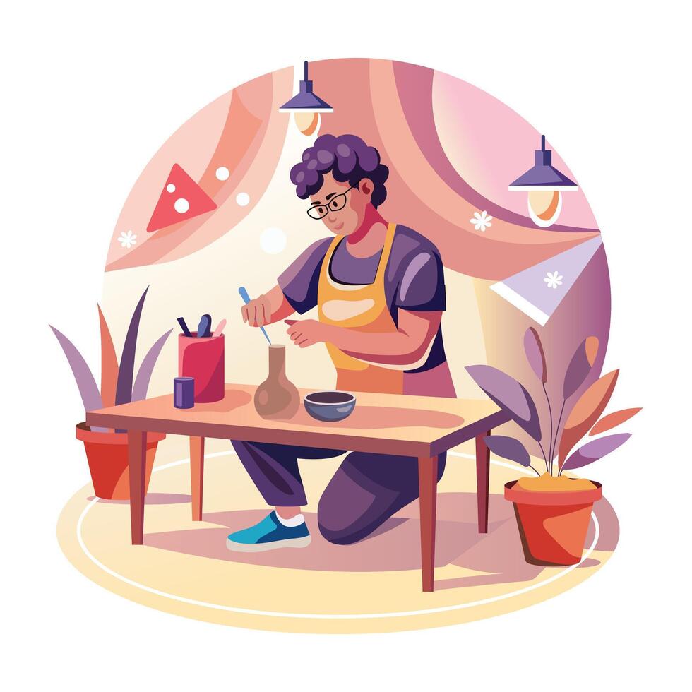 A man making pottery things with his hands, a flat style illustration vector