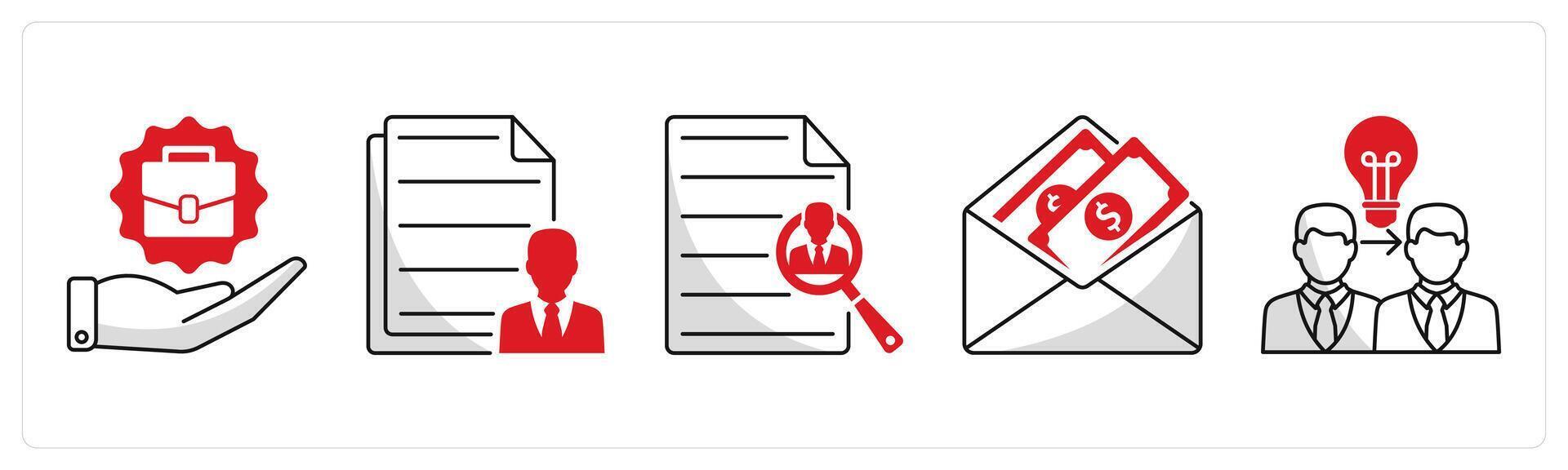 A set of 5 business icons as job offer, employee details, search employee vector