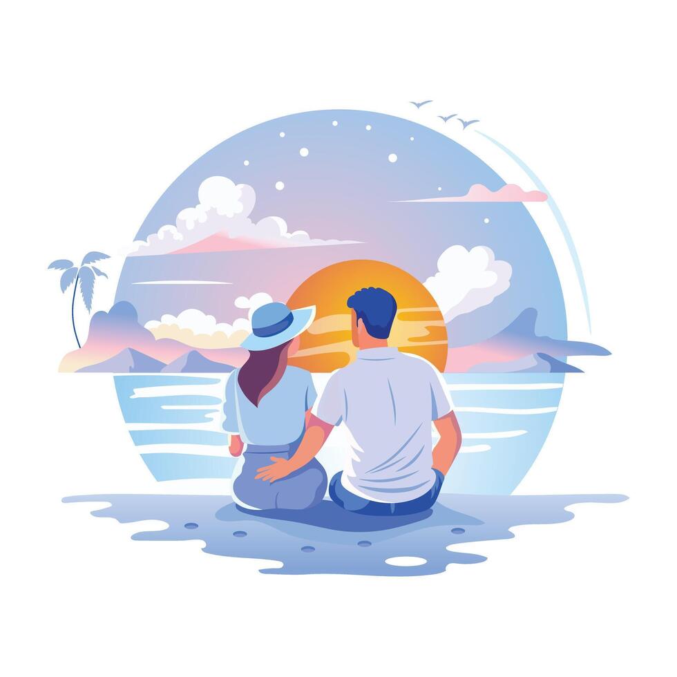 A couple enjoy romantic sunset, a flat style illustration vector