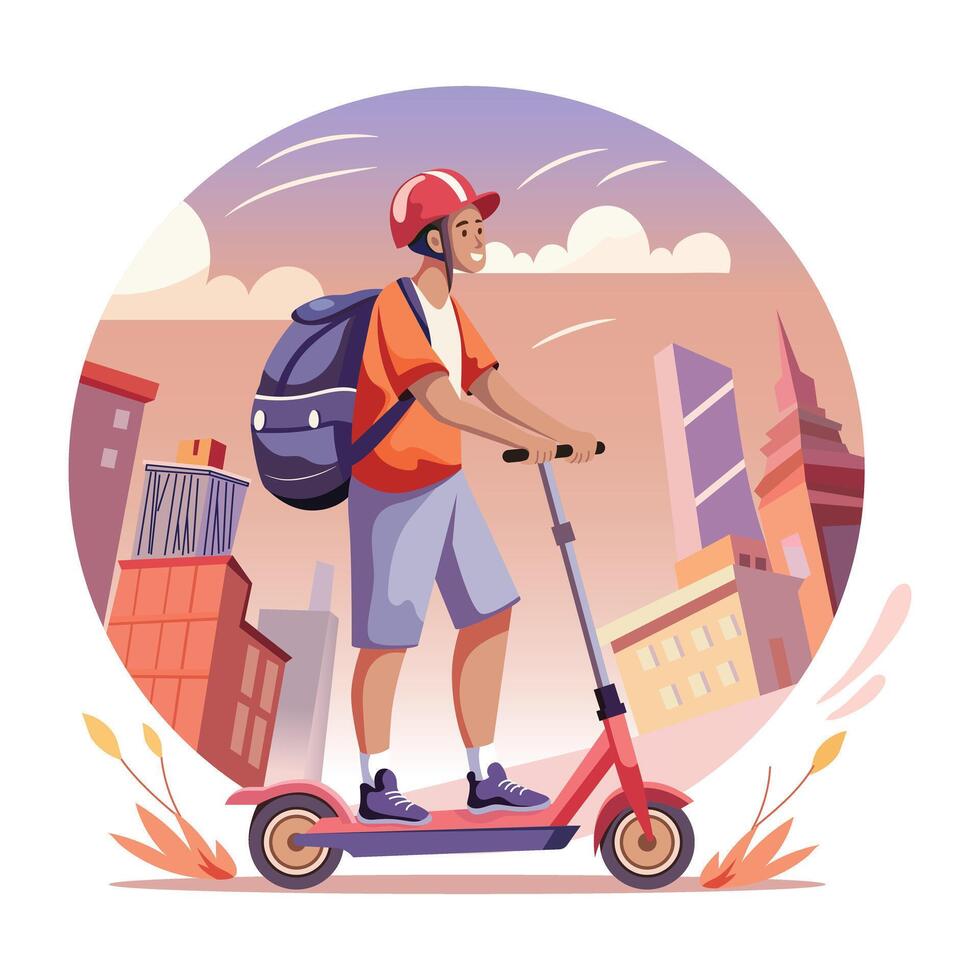 A man riding scooter in a city, a flat style illustration vector