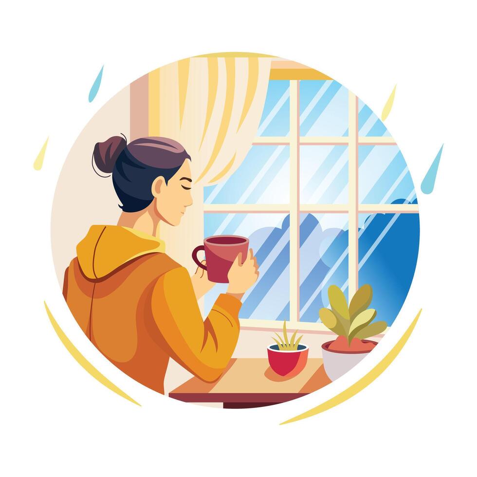 A woman drinking tea peacefully near the window, a flat style illustration vector