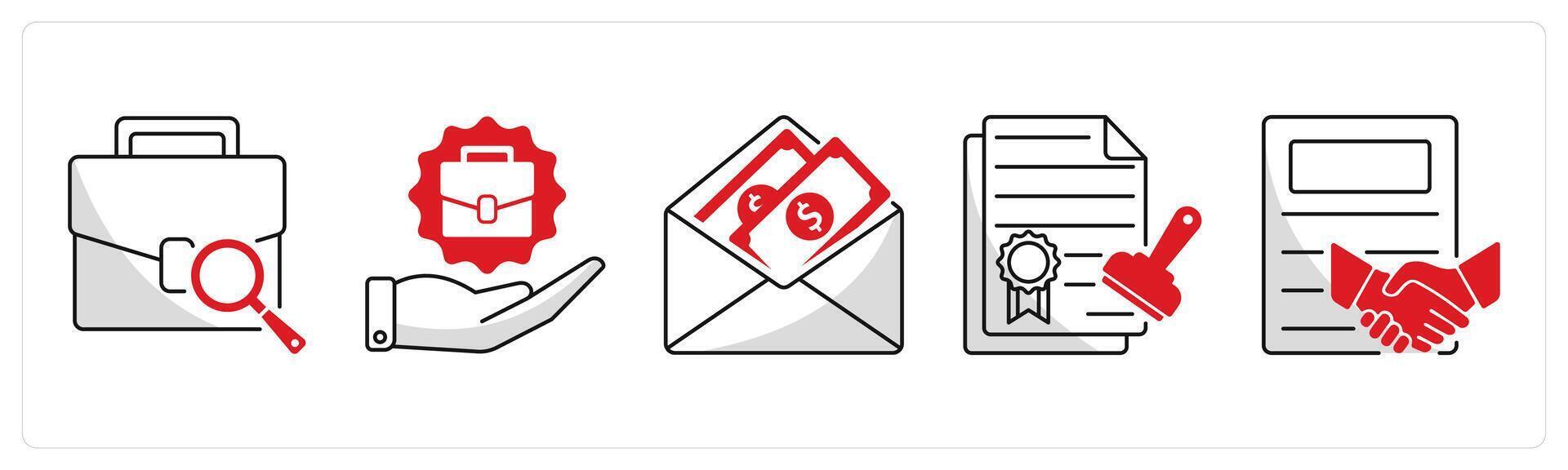 A set of 5 business icons as job search, job offer, salary vector