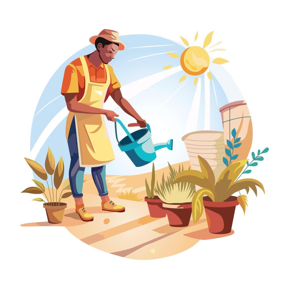 A gardener watering plants in a sunny day, a flat style illustration vector