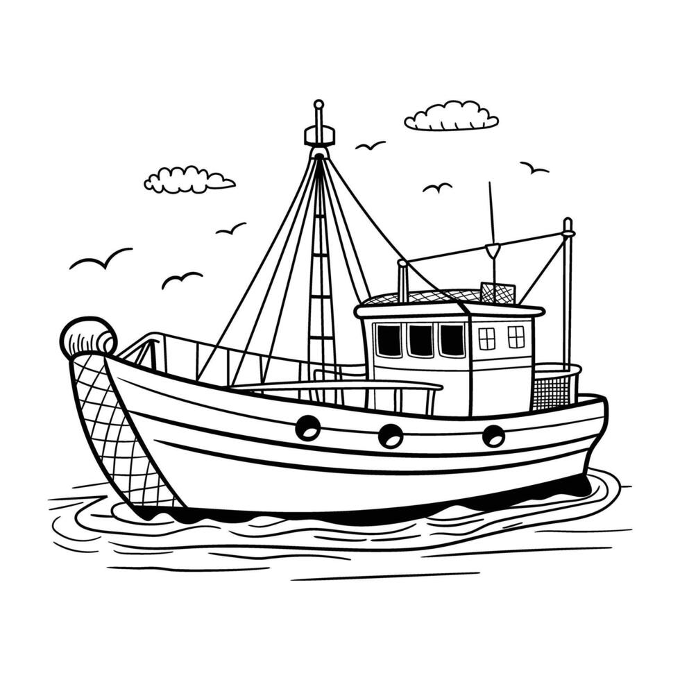 Fishing boat coloring page vector