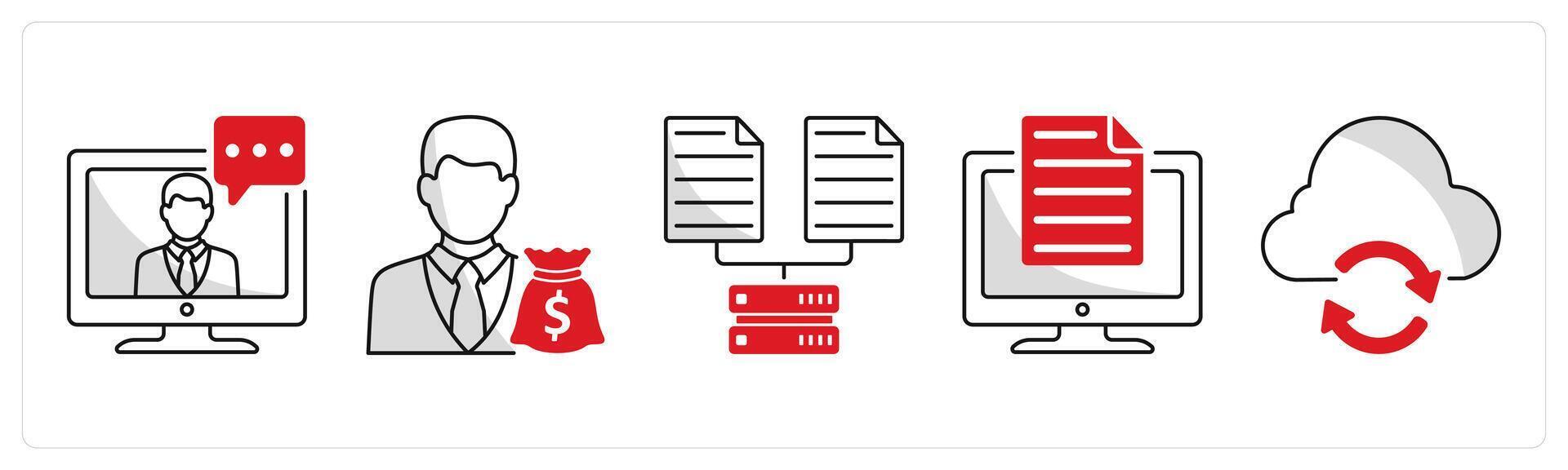 A set of 5 business icons as online conference, business investor, data collection vector