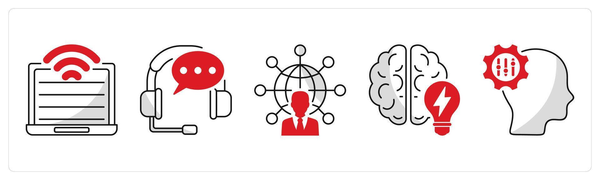A set of 5 business icons as computer technology, support center, communication and network vector